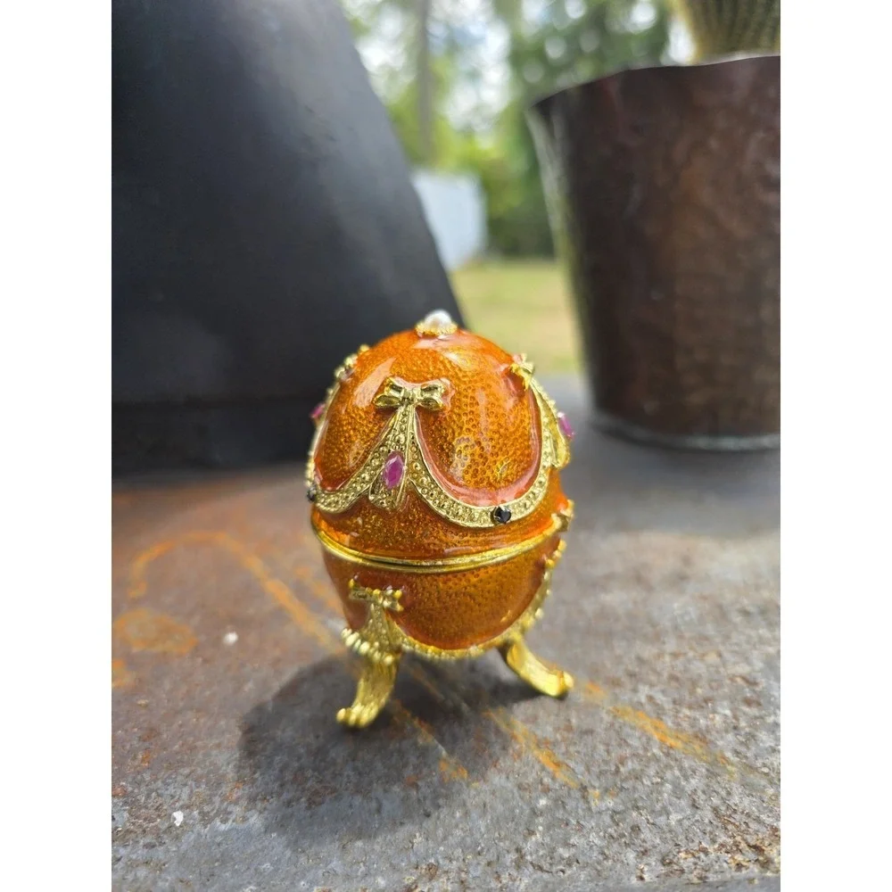 VTG Musical Jeweled Egg Trinket Box Faberge Egg-style Farmer In Dell Gold READ